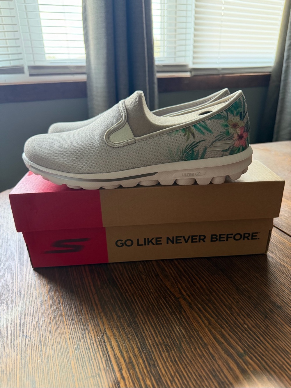 Skechers Women's Slip-On Sneakers in Light Gray with Green Floral Heel
